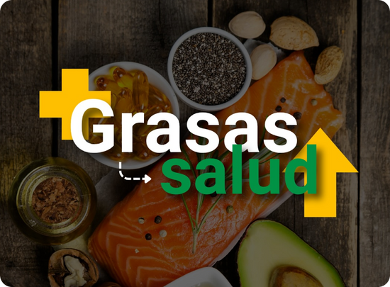 Health fats with salmon, avocado, and seeds on a wooden background with 'Grasas salud' text.