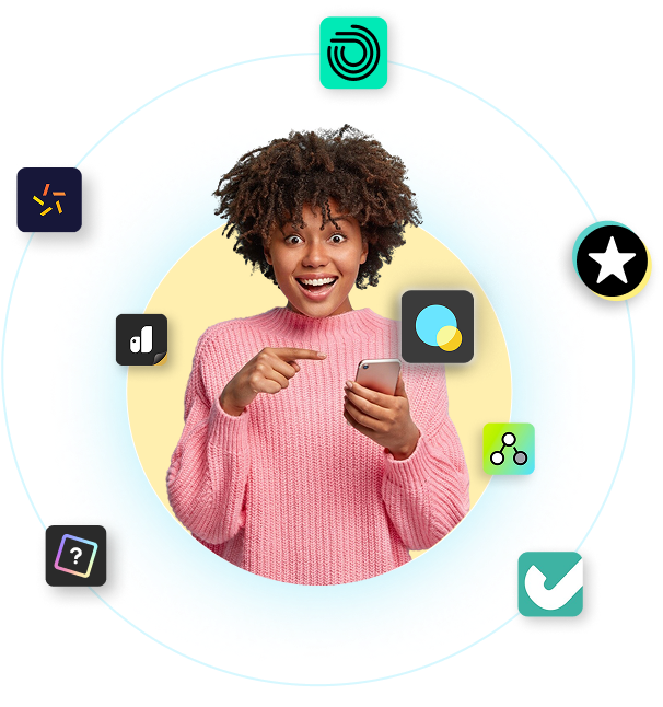 Woman in pink sweater holding a phone with various app icons around her on a white background