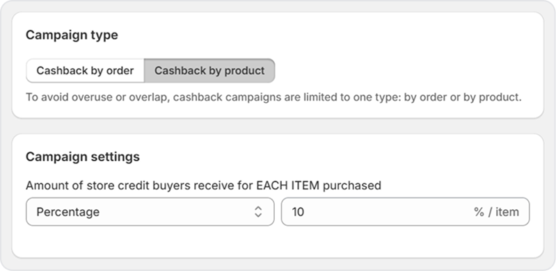 Settings for a cashback campaign on a computer screen